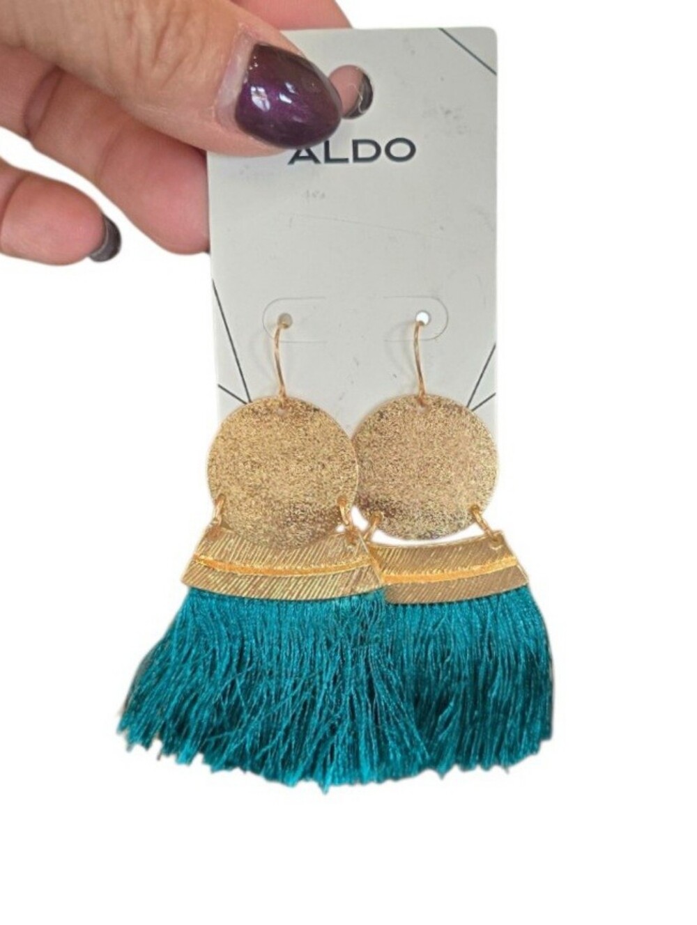 Aldo Fringe Drop Goldtone Teal Tassel Boho Earrings